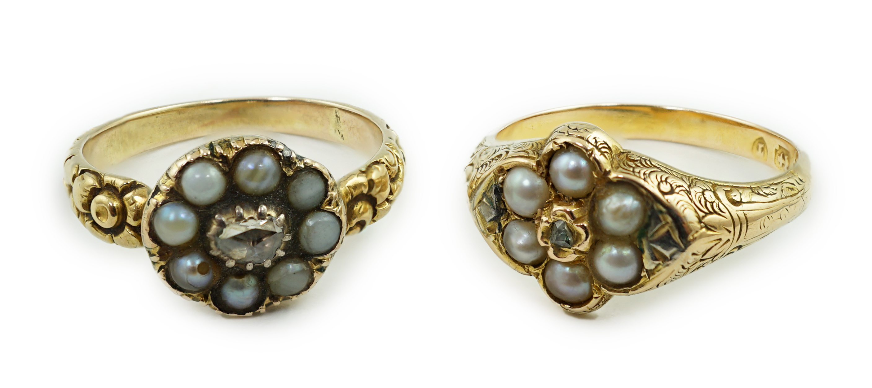 A late Victorian 15ct gold, rose cut diamond and split pearl cluster set ring, size L and one other similar unmarked gold ring